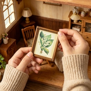 Può includere: Una piccola stampa incorniciata con un'illustrazione botanica di fiori di mughetto. La stampa ha una cornice di legno e viene tenuta davanti a un interno di casa delle bambole.