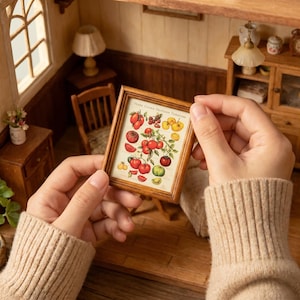 Arte vintage enmarcado de frutas y verduras en miniatura: pequeño cuadro hecho a mano para decoración de casa de muñecas BJD