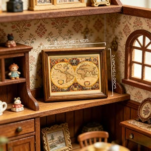 Handmade Miniature Vintage Map Framed Art: Dollhouse Decor，mini painting，smallframe art.
