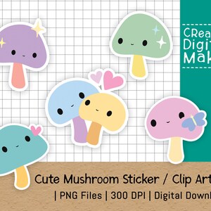 Adesivi digitali stampabili / Clip Art Set - Funghi carini - PNG Downloads