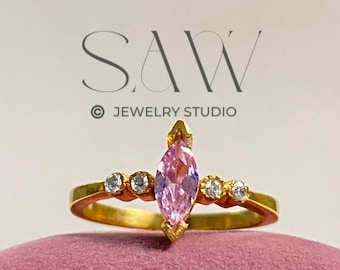 Dainty Pink Diamond Marquise Ring with Moissanites 14K Gold Ring Perfect for Holiday Proposals Promise Ring Christmas Gift Black Friday Sale