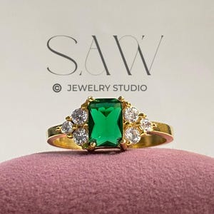 Emerald Ring May Birthstone Gold Ring Gemstone Band Statement Ring Engagement Ring Rectangle Ring Cocktail Ring Prong Ring Christmas Gift