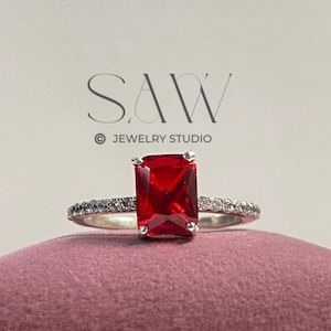 Flaunting Ruby Ring with Moissanite Accents Oval Ruby Engagement Ring Lab Created Ruby Ring 14K Gold Ruby Jewelry July Birthstone Ring her