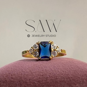 Rectangle Blue Sapphire & Moissanite Ring • Emerald‑cut Blue Sapphire • Halo Moissanite Engagement Ring • Sterling Silver • Anniversary Gift