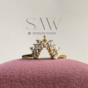 Minimalist Diamond Curved Wedding Band Women 14k Solid Gold Contour Ring with Diamond Nesting Ring Enhancer 18k Gold Shaped Wedding Ring