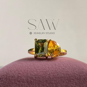 Anillo personalizado de 14 quilates con piedras preciosas Toi et Moi, esmeralda y corte pera, turmalina verde y citrino, piedra de nacimiento, regalo de aniversario, anillo para madre.