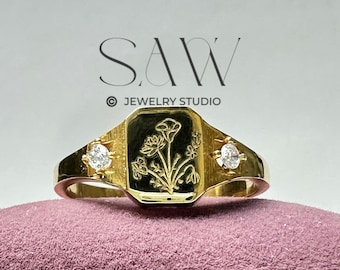 Personalized Birth Flower Ring 12 Birth Month Flower Jewelry Custom Mother Floral Ring for Women Family Rings Personalized Gift Birthstone