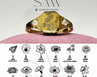 Personalized Birth Flower Ring 12 Birth Month Flower Jewelry Custom Mother Floral Ring for Women Family Rings Personalized Gift Birthstone