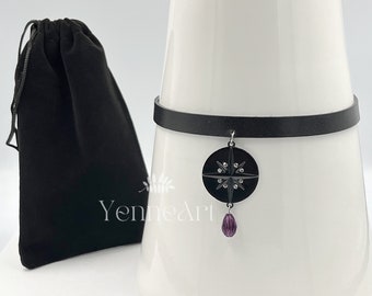 Yennefer necklace, genuine leather choker, star medallion, The Witcher cosplay costume, velvet gift bag, real leather collar