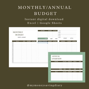 Monthly Budget Spreadsheet Excel/Google Sheets | Track Your Spending | Digital Download | Annual Budgeting Template Sheet