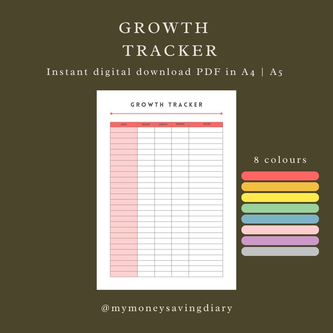 Printable Pet Growth Log pack of 8 Colours, Dog Growth Chart, Cat