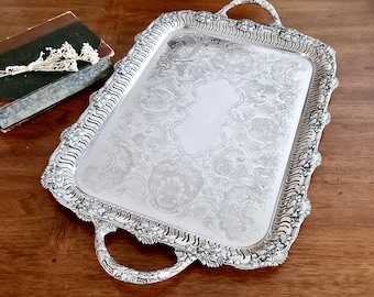 RARE Bandeja de plata grande, Charles Howard Collins, época victoriana, cabaret de plata grande, bandeja para servir, servicio de té, vides,