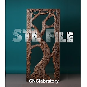 May include: A rectangular wooden panel with a carved tree design. The panel is brown with a textured surface, featuring the text "STL FILE" and "CNClabratory". The tree branches are intricately carved.