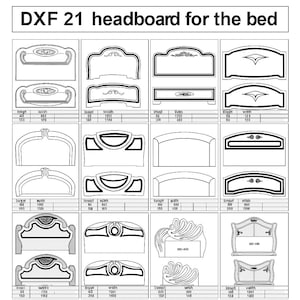 以下が含まれることがあります： 「DXF 21 headboard for the bed」とラベルされた、さまざまなヘッドボードデザインの白黒図。各デザインには、木工プロジェクトに最適な、高さと幅の測定値（cm）が含まれています。