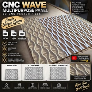 May include: CNC Wave Multipurpose Panel 2D CNC vector files for wall panels, furniture fronts, and cabinet doors. Includes DXF, SVG, and CDR formats. Features a repeating wave pattern with adjustable depth, clean geometry, and seamless panel connections.