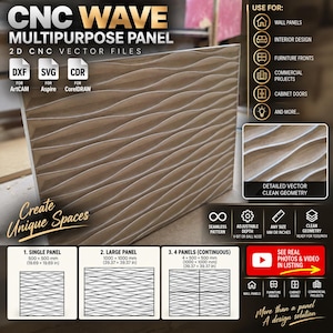 May include: A CNC wave multipurpose panel featuring a repeating horizontal wave pattern. The digital file set includes DXF, SVG, and CDR formats for ArtCAM, Aspire, and CorelDRAW. The graphic displays panel dimensions of 500x500mm, 1000x1000mm, and 4x500x500mm.