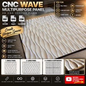 May include: A CNC wave multipurpose panel featuring 2D vector files for DXF, SVG, and CDR formats. The design displays a repeating vertical wave pattern with clean geometry, suitable for wall panels, furniture fronts, and cabinet doors.