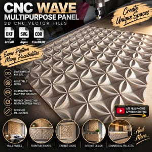 May include: A CNC wave multipurpose panel featuring a repeating geometric petal pattern. The image includes text labels for DXF, SVG, and CDR vector files, along with icons indicating adjustable depth, clean geometry, and seamless panel connections.