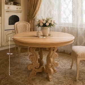 May include: A round light wood dining table with a decorative carved pedestal base. The table features a diameter of 1050 mm and a height of 700 mm. It is accompanied by two upholstered chairs with patterned fabric and light-colored wooden frames.