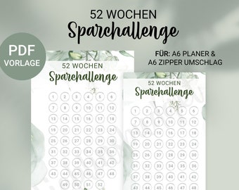 May include: A printable 52-week savings challenge tracker with a floral design. The tracker is divided into 52 weeks, with each week numbered. The tracker also includes a space to track the total amount saved. The text "52 Wochen Sparchallenge" is at the top of the tracker. The text "1.378€ gespart" is at the bottom of the tracker.