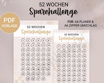 May include: A printable PDF template for a 52-week savings challenge. The template features a grid with numbers 1 through 52, with a gold floral design and the text "52 Wochen Sparchallenge" and "1.378€ gespart".