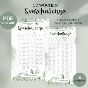 52 week savings challenge | Design: EUCALYPTUS | Envelope Method | Budget sheet | Money Street | Budget Planner | Budgeting | A6 BINDER & ZIPPER