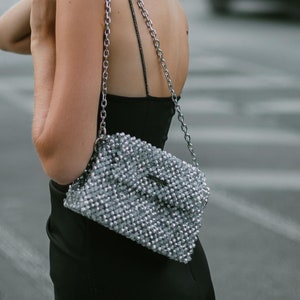 Dazzling crystal beaded bag, luxury silver purse, evening bag, shiny bag, sparkling handbag, metallic handbag, rhinestone purse