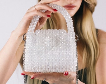 Crystal bag, white bag, bridal accessory, unique bag, fashionable bag, handmade bag, beaded bag, gift for her, wedding bag, luxury handbag