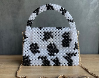 Printed beaded bag, cow print handbag, fashion bag, womens handbag, pearl handbag, white and black bag, gift for her, exclusive design bag