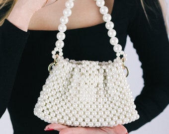 Pearl bag, mini beaded bag, unique bag, ivory bag, gift for her, wedding bag, vintage bag, pearl purse, knitkos bag, gift for girl