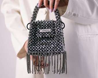 Crystal beaded bag, silver bag, bad with rhinestones, party bag, shining purse, sparkling handbag, women handbags, prom bag, dark silver bag