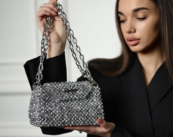Silver bag, crystal beaded bag, luxury purse, gift for her, evening bag, shiny bag, sparkling handbag, shiny clutch, trendy metallic handbag
