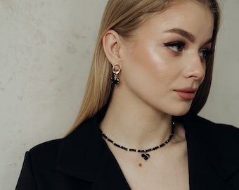 Spinel necklace, choker with a black heart, necklace with hematite, earrings with heart, shining necklace, black jewelry set, gift for women