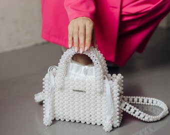 Pearl hanbag, unique beaded bag, bridal purse, ivory beaded bag, black beaded bag, white beaded purse, prom handbag, wedding handbag