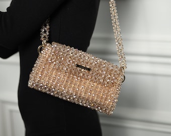 Crystal Beaded Bag, Gold Evening Purse, Champagne Colored Clutch