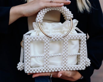 Pearl Bag With Pearl Handles, Wedding Bag, Bridal Purse, Ivory Bag
