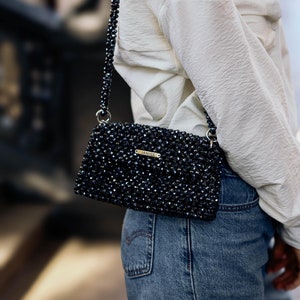 Bolso con cuentas de cristal oscuro, bolso de noche, bolso brillante, bolso con destellos, bolso con diamantes de imitación, regalo para ella, bolso de hombro azul oscuro, bolso con diamantes