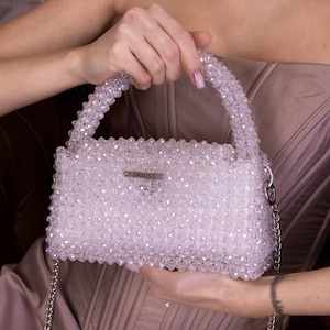 Bolso de mano con cuentas de cristal, Bolso brillante, Clutch de boda, Bolso de noche de diseñador, Bolso de mano con diamantes blancos, Monedero con cristales plateados, Bolso de noche