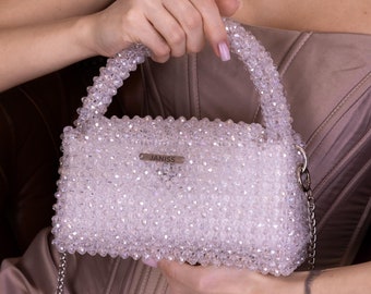 Crystal beaded handbag, Shimmering bag, Wedding clutch, Designer evening bag, White diamond handbag, Silver crystal purse, Evening bag