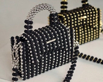 Bolso de cuentas negro y dorado, bolso de cuentas negro y plateado, bolso único, regalo para ella, clutch de noche, bolso de fiesta, bolso de diseño exclusivo