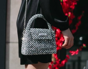 Crystal bag, silver bag, champagne handbag, black crystal handbag, beaded evening bag,  beaded bag, gift for her, black crystal bag
