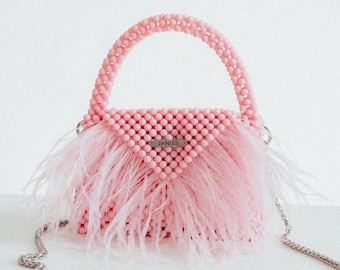 Pink Beaded Ostrich Feather Handbag, Special Occasion Bag