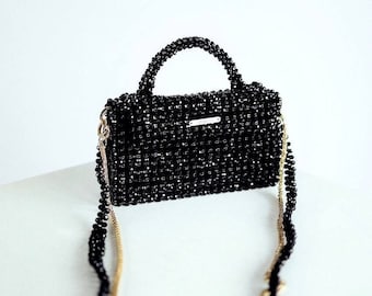 Black crystal beaded bag, Beaded evening clutch, Handmade beaded purse, Unique gift for her, Sparkling handbag, Glamorous beadwork accessory