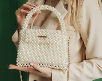 Beaded pearl bag, classic bag, ivory beaded bag, unique bag, wedding bag, luxury bag, bag for bride, black pearl bag, white bag