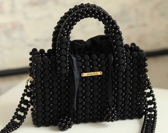 Pearl hanbag, unique beaded bag, bridal purse, ivory beaded bag, black beaded bag, janiss brand beaded bags, prom handbag, elegant bag
