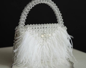 White Bag, Bridal Handbag, Wedding Purse, Handbag with feathers, Luxurious White Beaded Bag with Ostrich Feather Accents