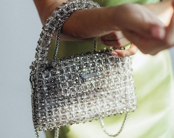 Crystal beaded bag, silver handbag, sparkling bag, handmade handbag, evening purse, luxury bag, unique bag, bag for the bride