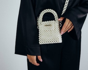 Ivory beaded bag, mini pearl bag, black bag, handbag, bag for bride, classic bag, vintage bag, unique bag, gift for her, mini purse
