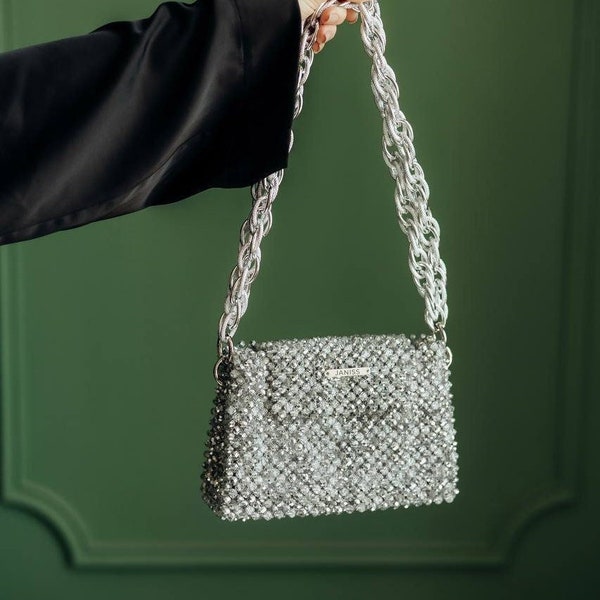 Silver Shimmer Crystal Clutch with Anchor Chain, Beaded Bag, Crystal Purse, Luxury Handmade Bag, Evening Handbag, Spesial Occasion Bag