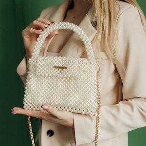 Beaded pearl bag, classic bag, ivory beaded bag, unique bag, wedding bag, luxury bag, bag for bride, black pearl bag, white bag Cream